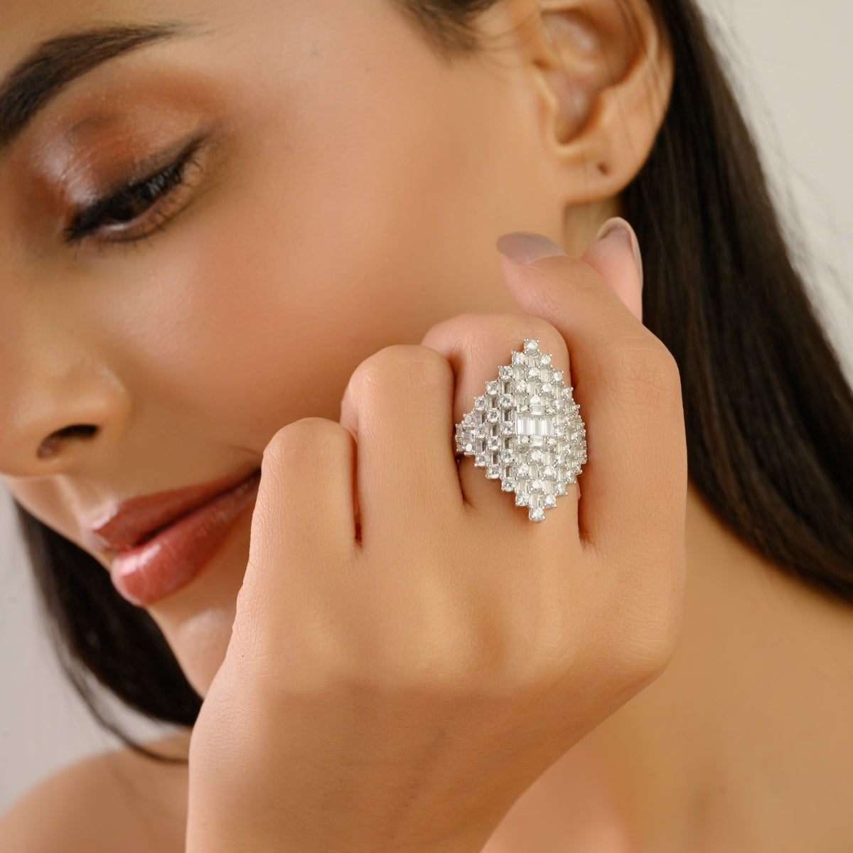 Retro Art Deco Style Silver Ring with CZ Studded