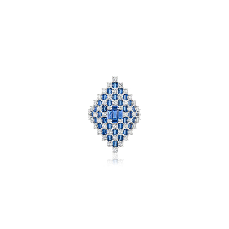 Retro Art Deco Style Silver Ring with Blue and White CZ Studded