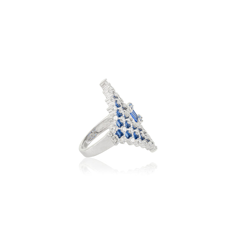 Retro Art Deco Style Silver Ring with Blue and White CZ Studded