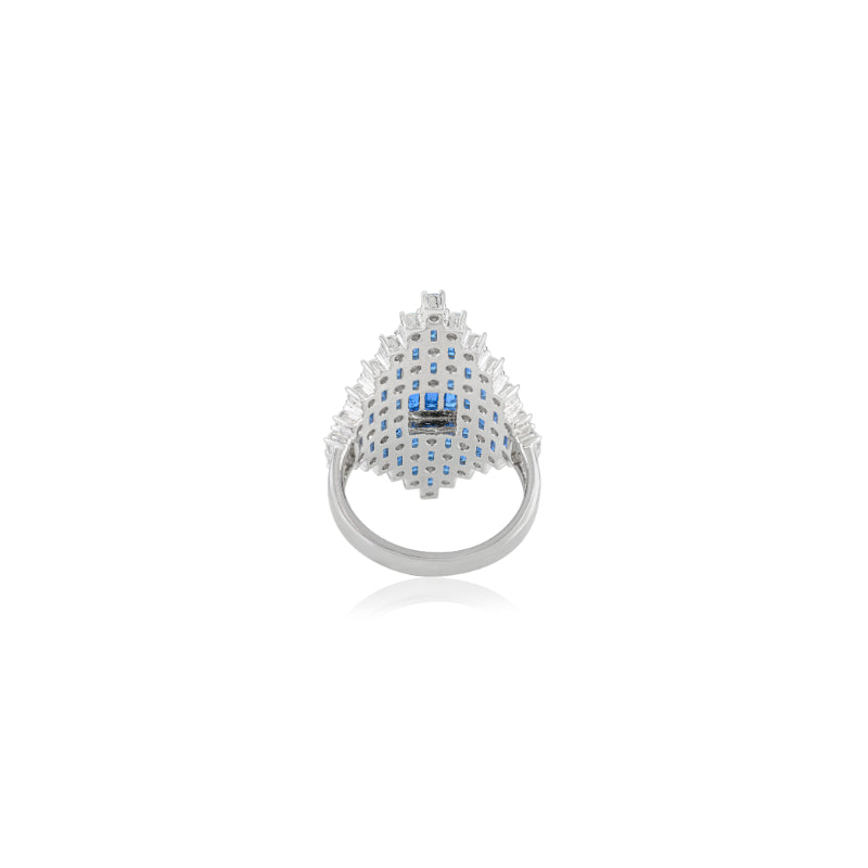 Retro Art Deco Style Silver Ring with Blue and White CZ Studded