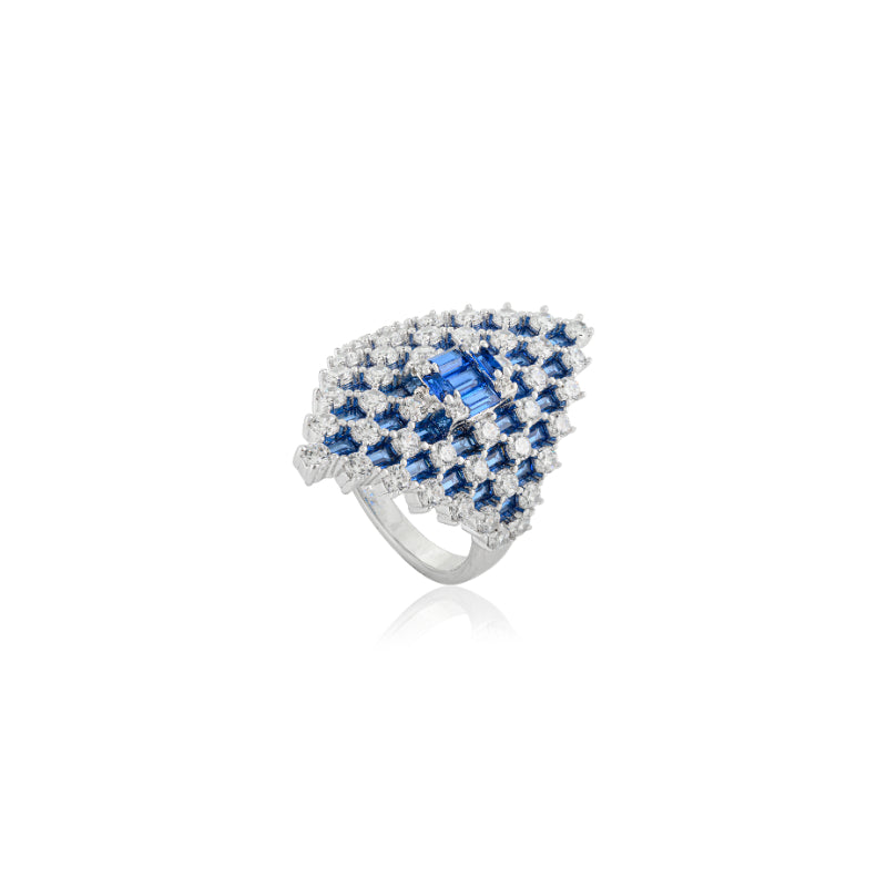 Retro Art Deco Style Silver Ring with Blue and White CZ Studded