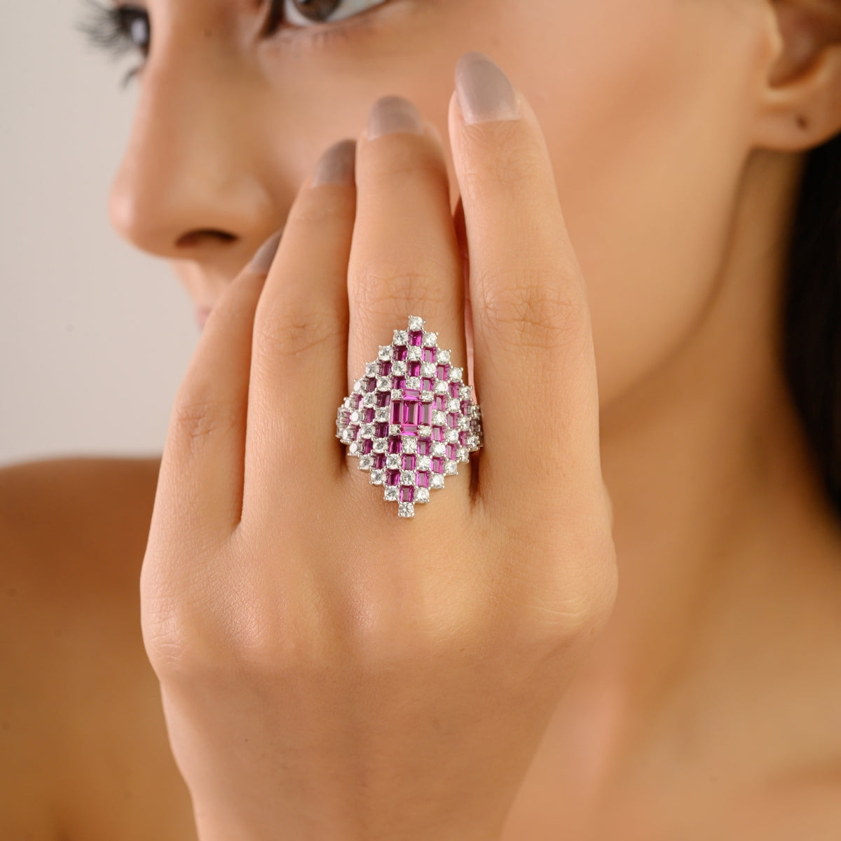Retro Art Deco Style Silver Ring with Pink and White CZ Studded
