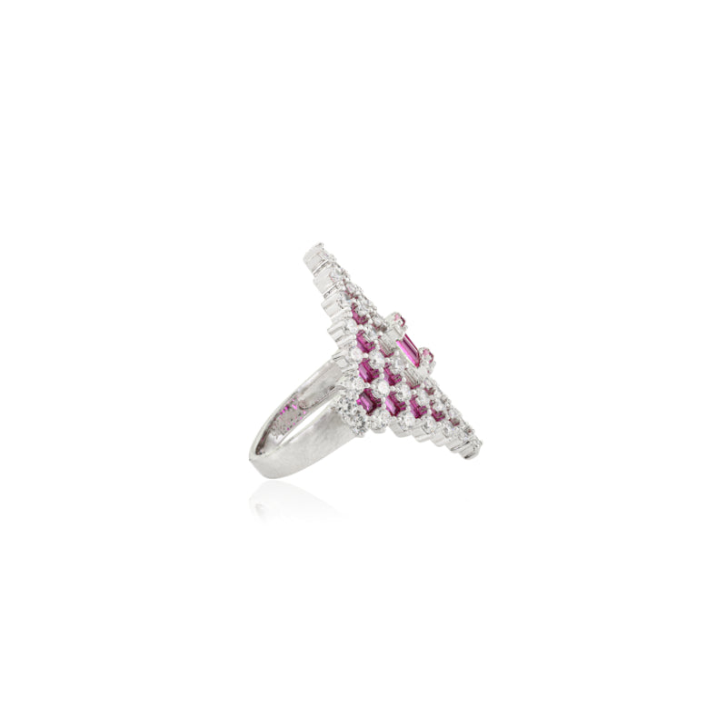 Retro Art Deco Style Silver Ring with Pink and White CZ Studded