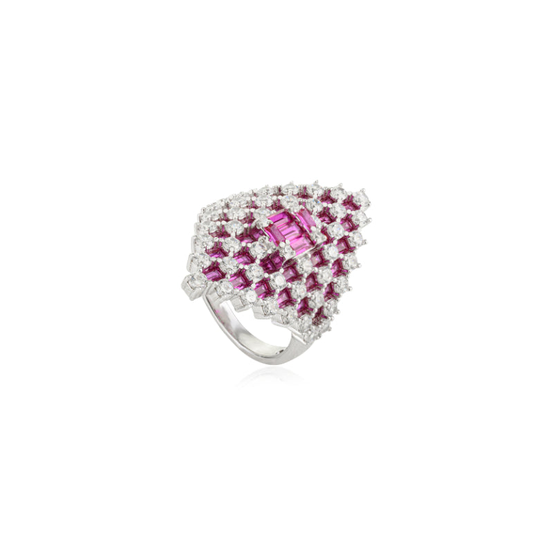 Retro Art Deco Style Silver Ring with Pink and White CZ Studded