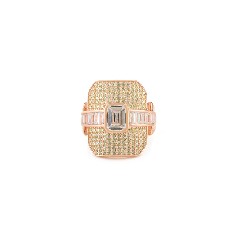 18k Rose Gold Luxurious Art Deco Silver Ring with Baguette CZ