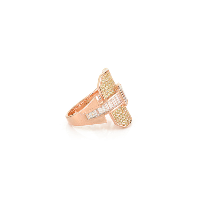 18k Rose Gold Luxurious Art Deco Silver Ring with Baguette CZ