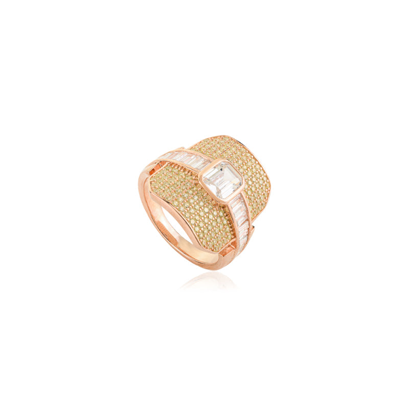 18k Rose Gold Luxurious Art Deco Silver Ring with Baguette CZ
