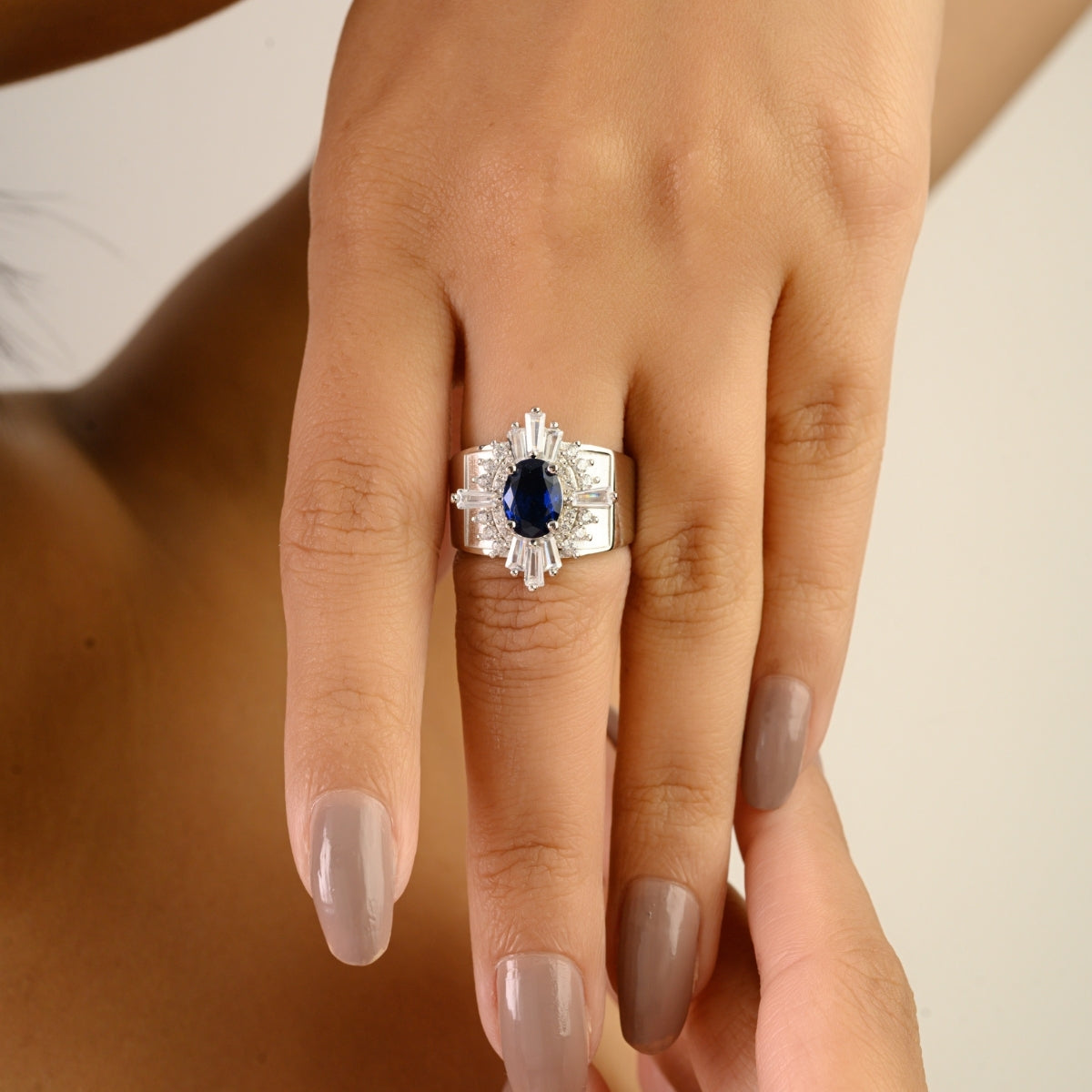 Art Deco Chunky Silver Ring Blue Oval and White CZ