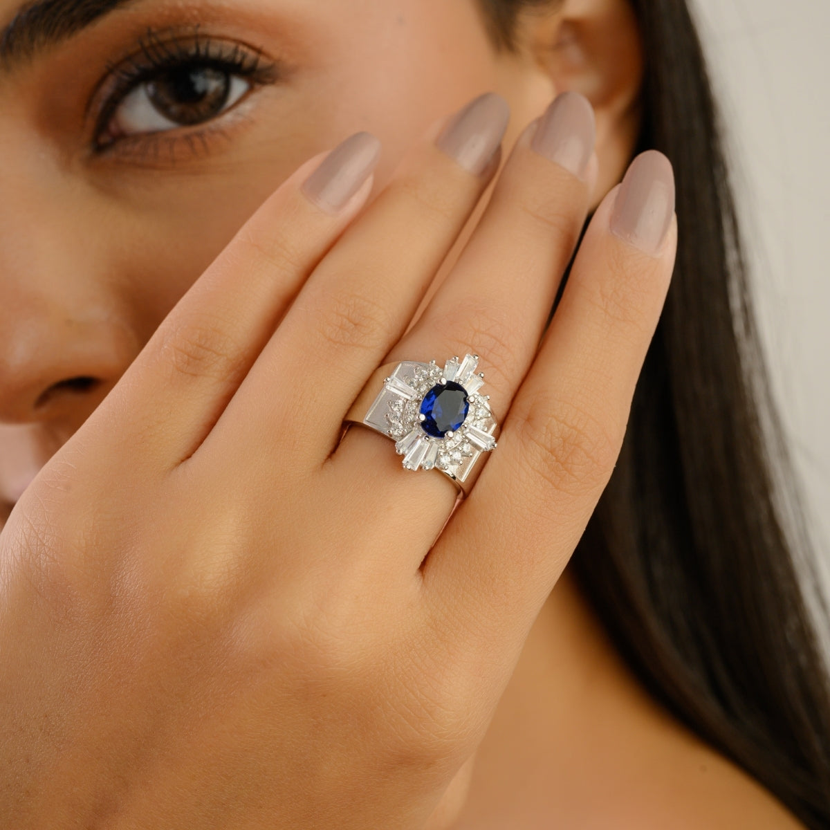 Art Deco Chunky Silver Ring Blue Oval and White CZ