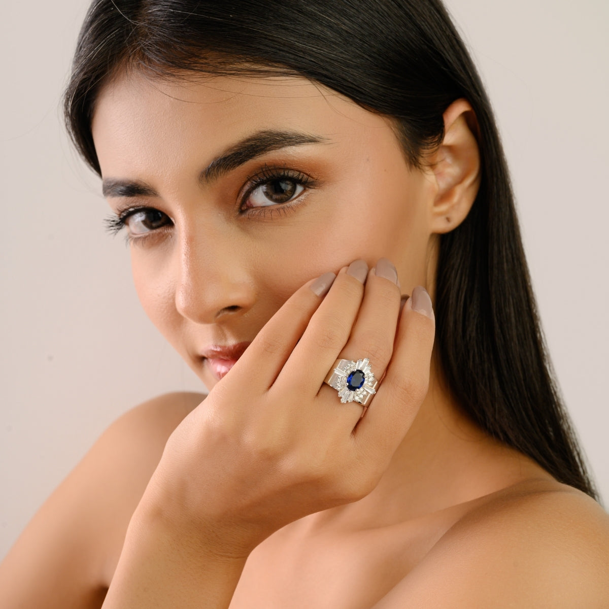 Art Deco Chunky Silver Ring Blue Oval and White CZ