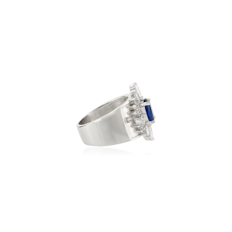 Art Deco Chunky Silver Ring Blue Oval and White CZ