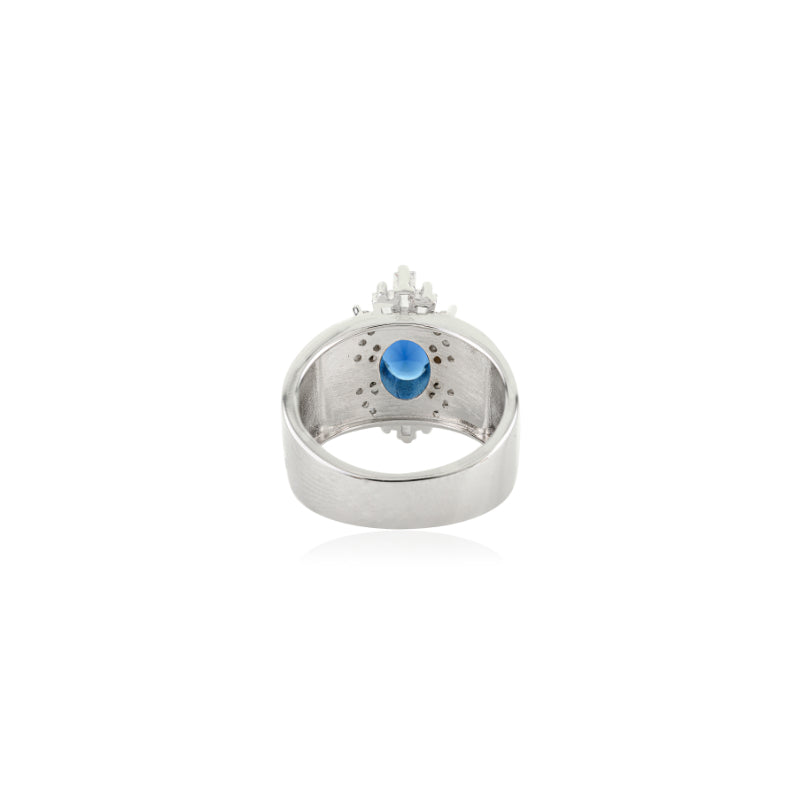 Art Deco Chunky Silver Ring Blue Oval and White CZ
