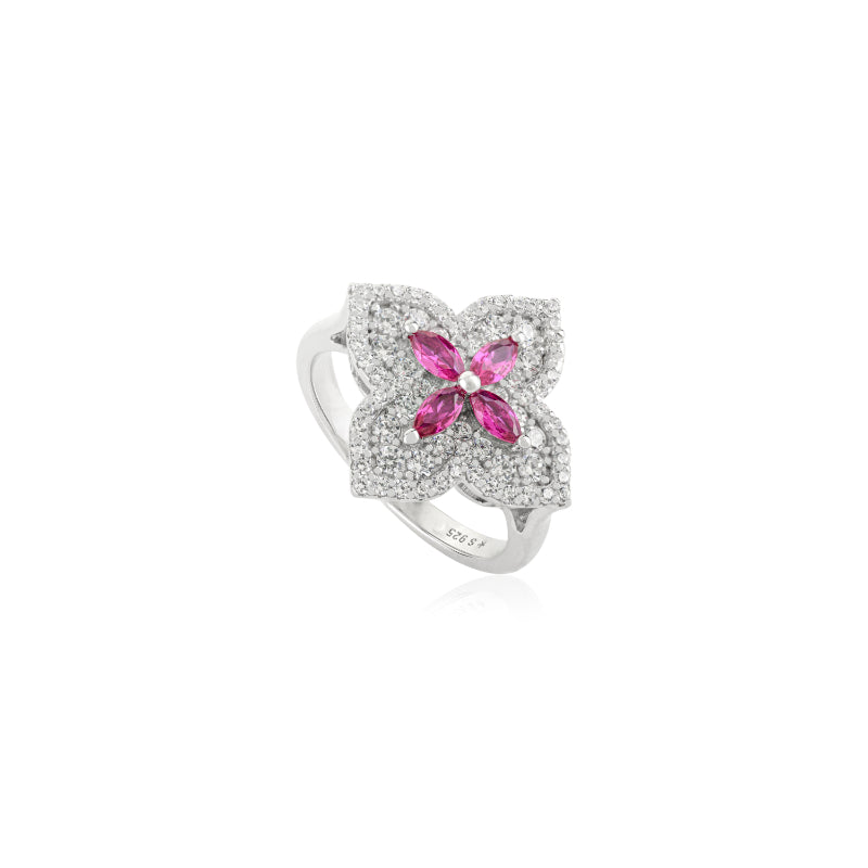 Nature Inspired Floral Minimalist Silver Ring - Pink