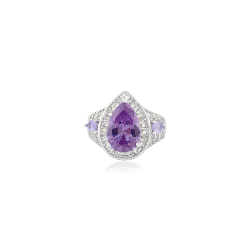 Opulent Silver Ring with Bold Pear Amethyst and CZ Baguettes