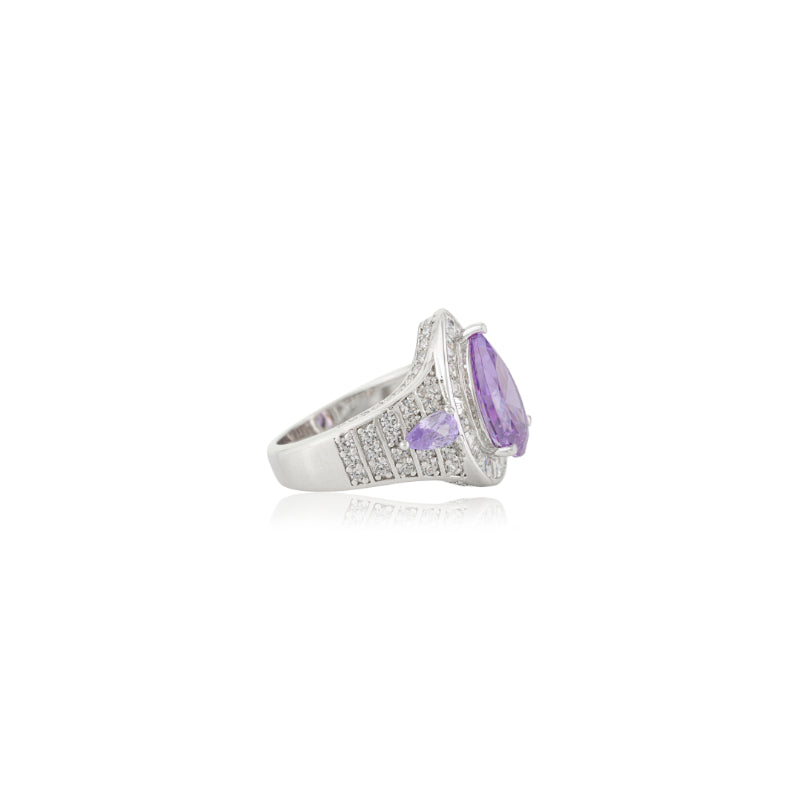 Opulent Silver Ring with Bold Pear Amethyst and CZ Baguettes