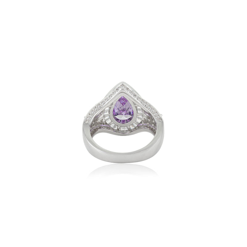 Opulent Silver Ring with Bold Pear Amethyst and CZ Baguettes