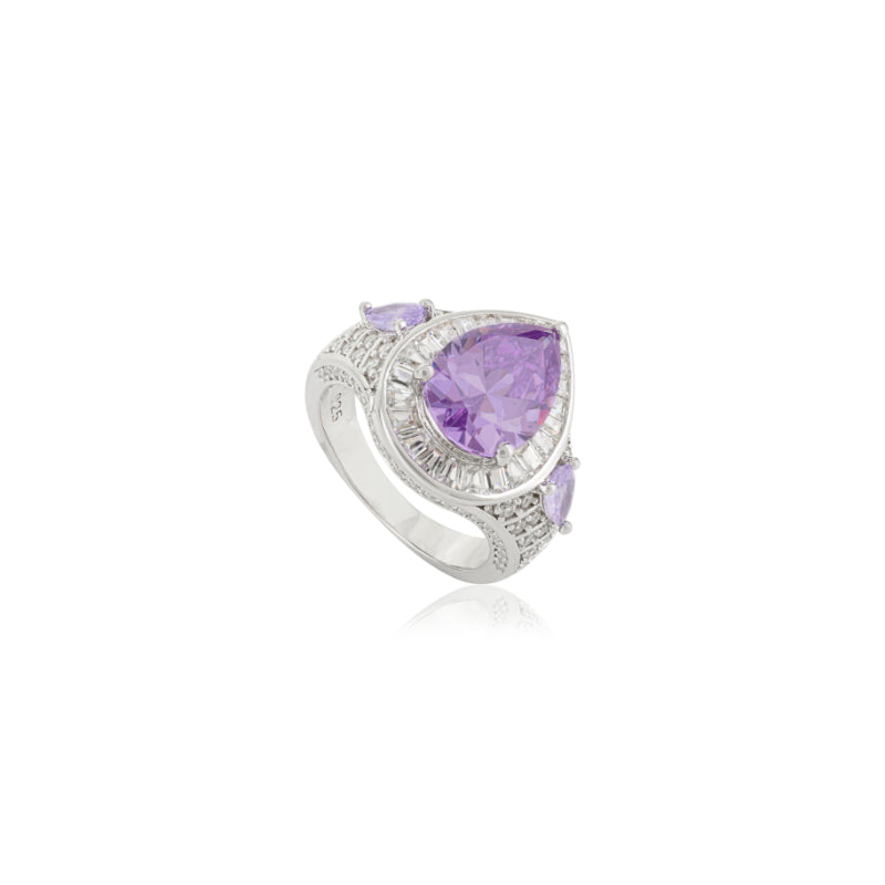 Opulent Silver Ring with Bold Pear Amethyst and CZ Baguettes