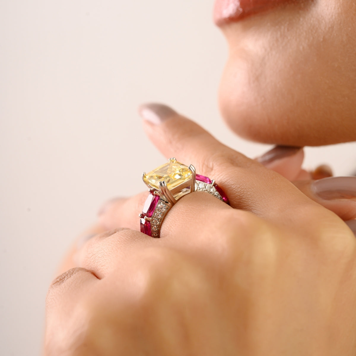 925 Silver Solitaire Dome Ring in Yellow and Pink Crystals