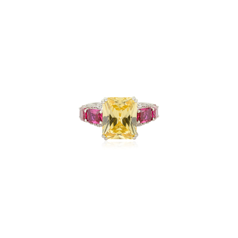 925 Silver Solitaire Dome Ring in Yellow and Pink Crystals