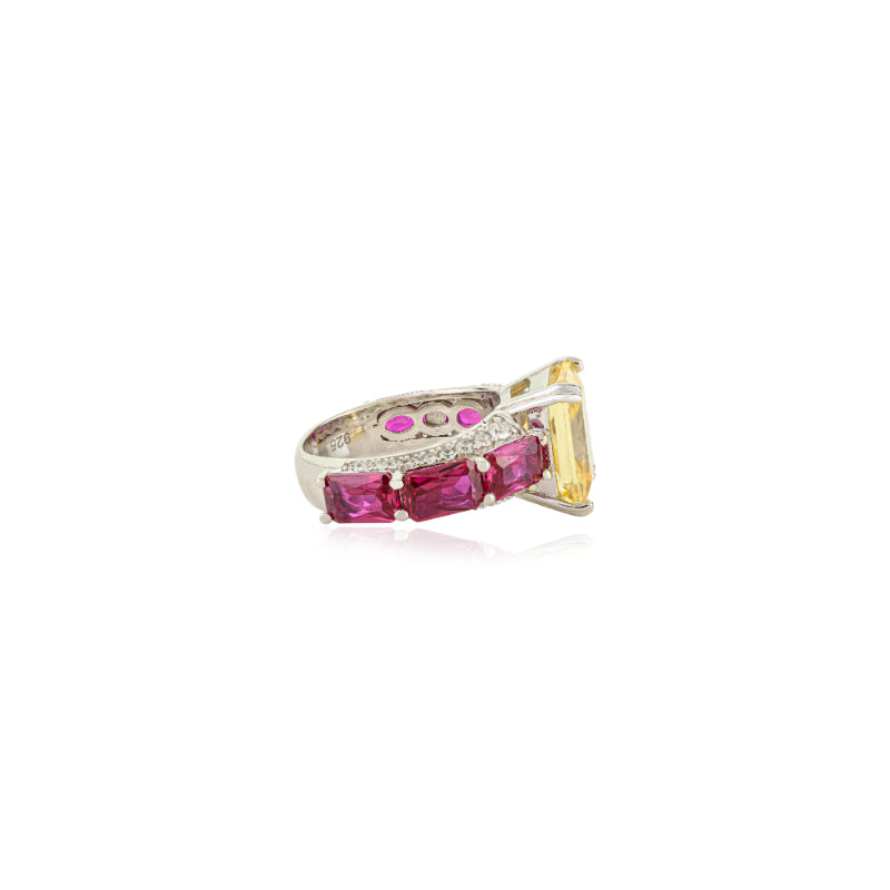925 Silver Solitaire Dome Ring in Yellow and Pink Crystals