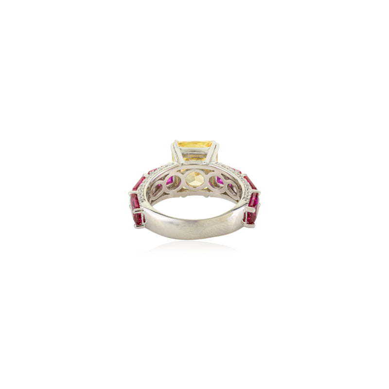 925 Silver Solitaire Dome Ring in Yellow and Pink Crystals
