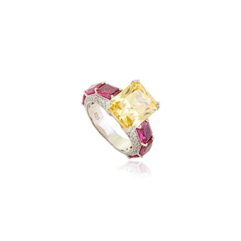 925 Silver Solitaire Dome Ring in Yellow and Pink Crystals