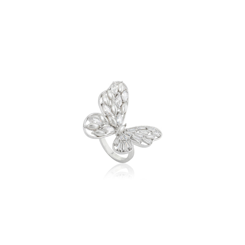 Chunky Butterfly Statement Ring with White Crystal and Pearl