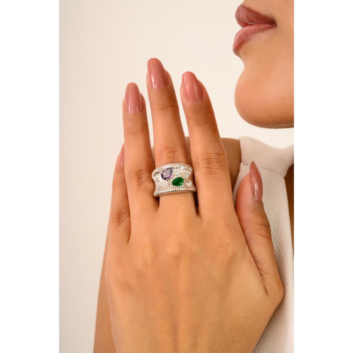 925 Sterling Silver White Ribbed Ring with Colourful Diamond