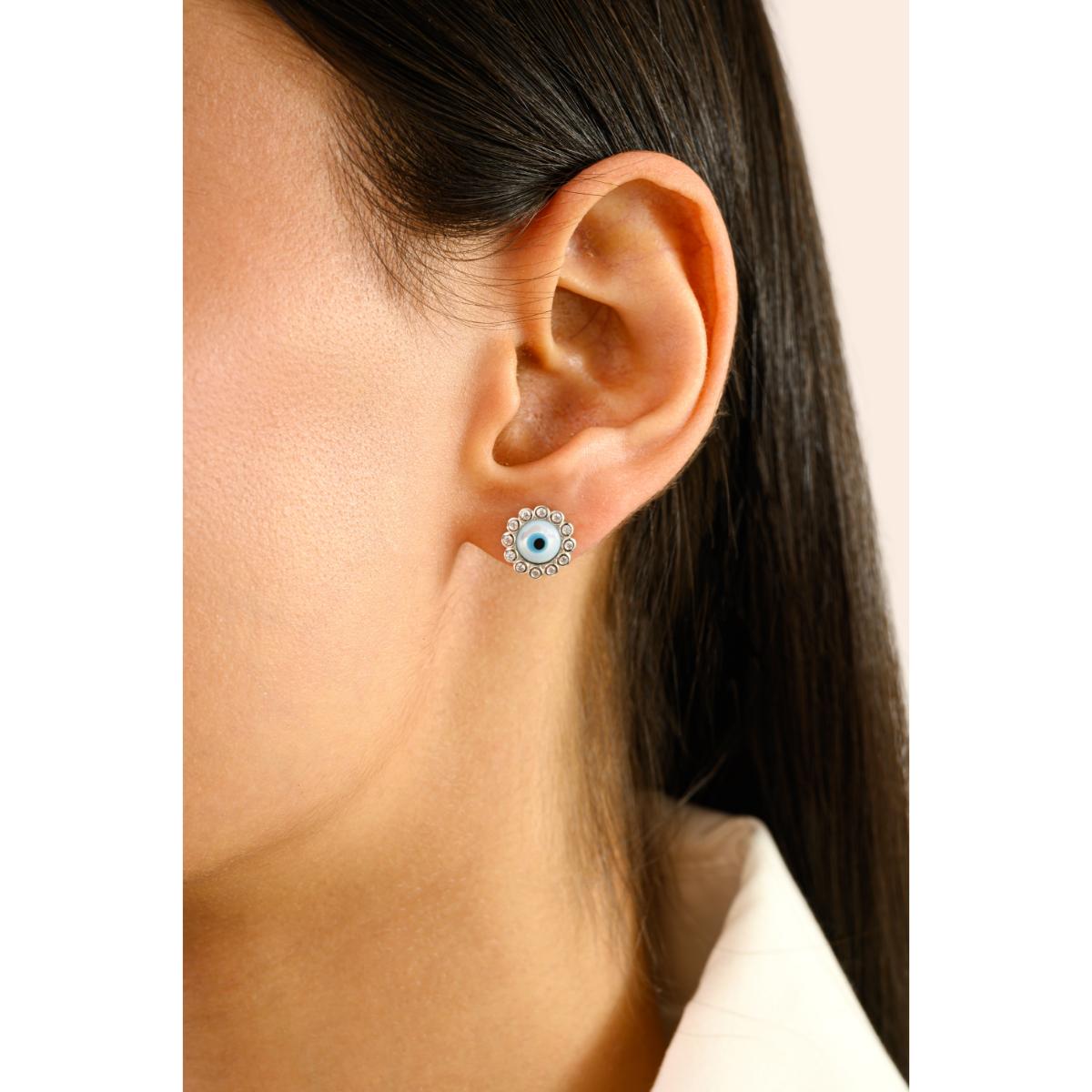925 Silver White CZ Evil Eye Stud Earrings