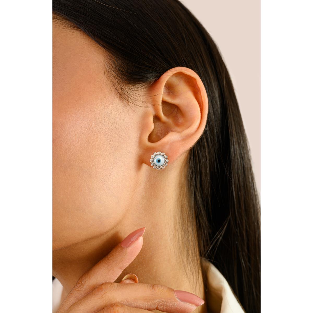 925 Silver White CZ Evil Eye Stud Earrings