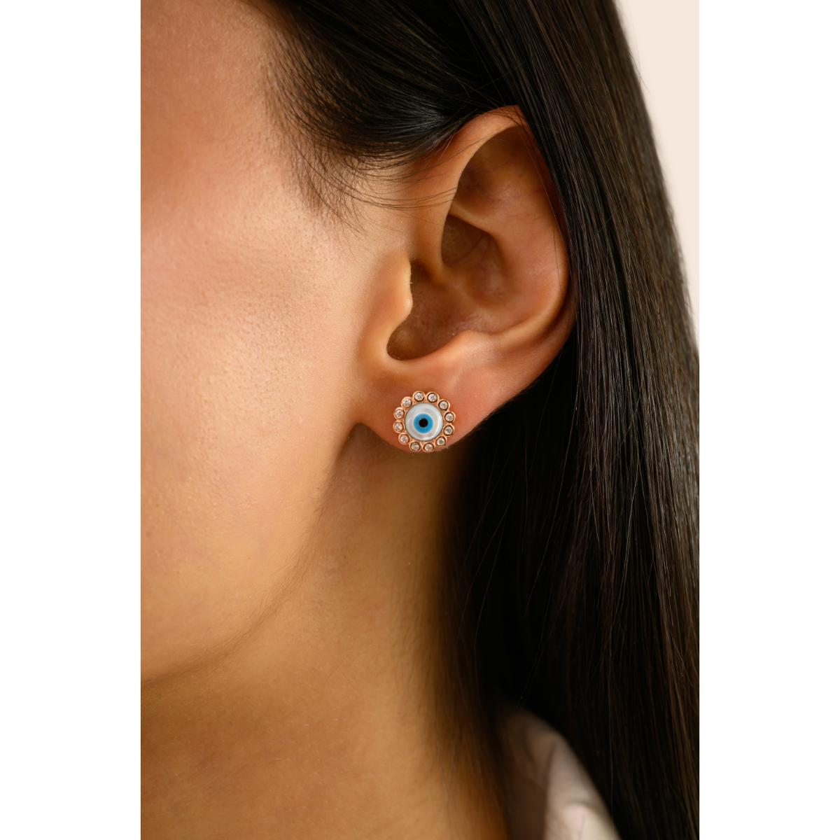 925 Silver Rose Gold Plated White CZ Evil Eye Stud Earrings