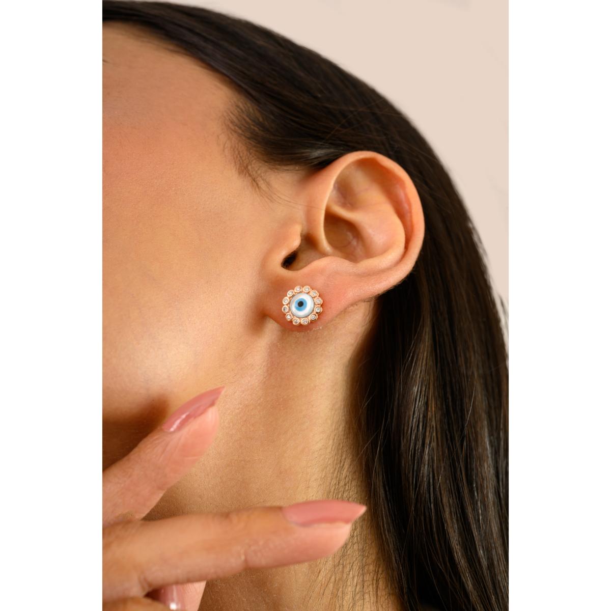 925 Silver Rose Gold Plated White CZ Evil Eye Stud Earrings