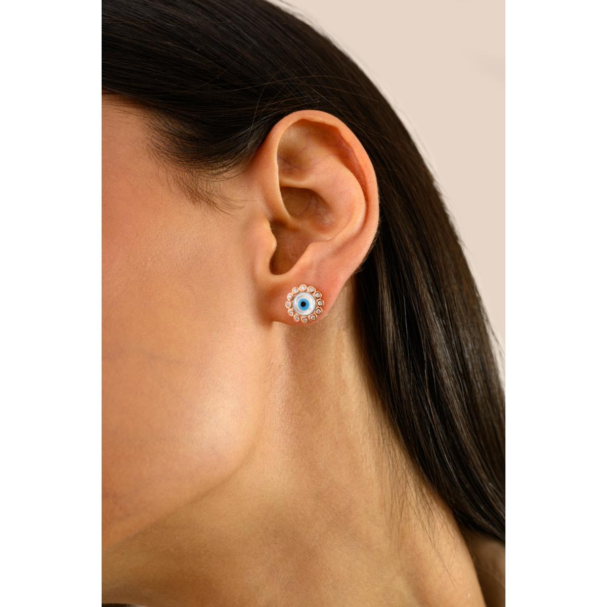 925 Silver Rose Gold Plated White CZ Evil Eye Stud Earrings