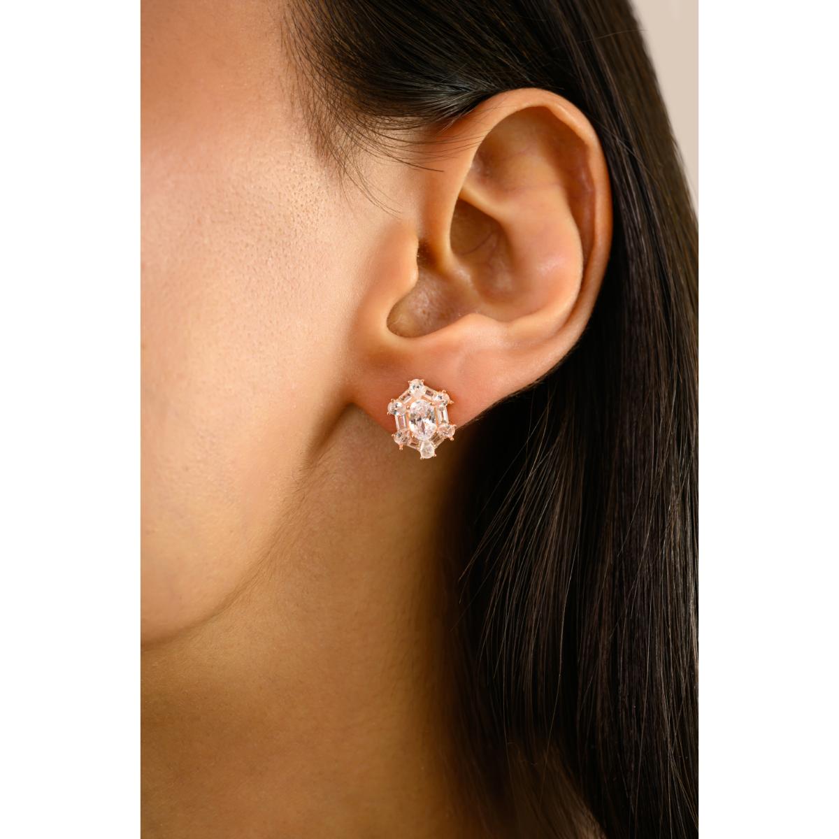 925 Silver Rose Gold White CZ Stud Earrings