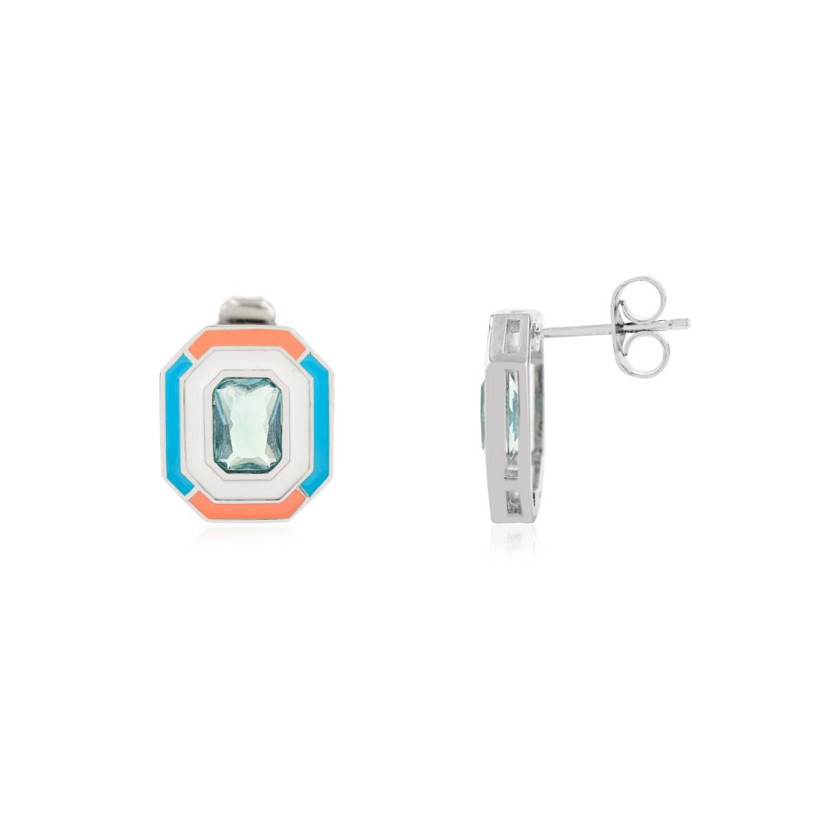 925 Silver Blue CZ Hexagon Multi Color Enamel Stud Earrings