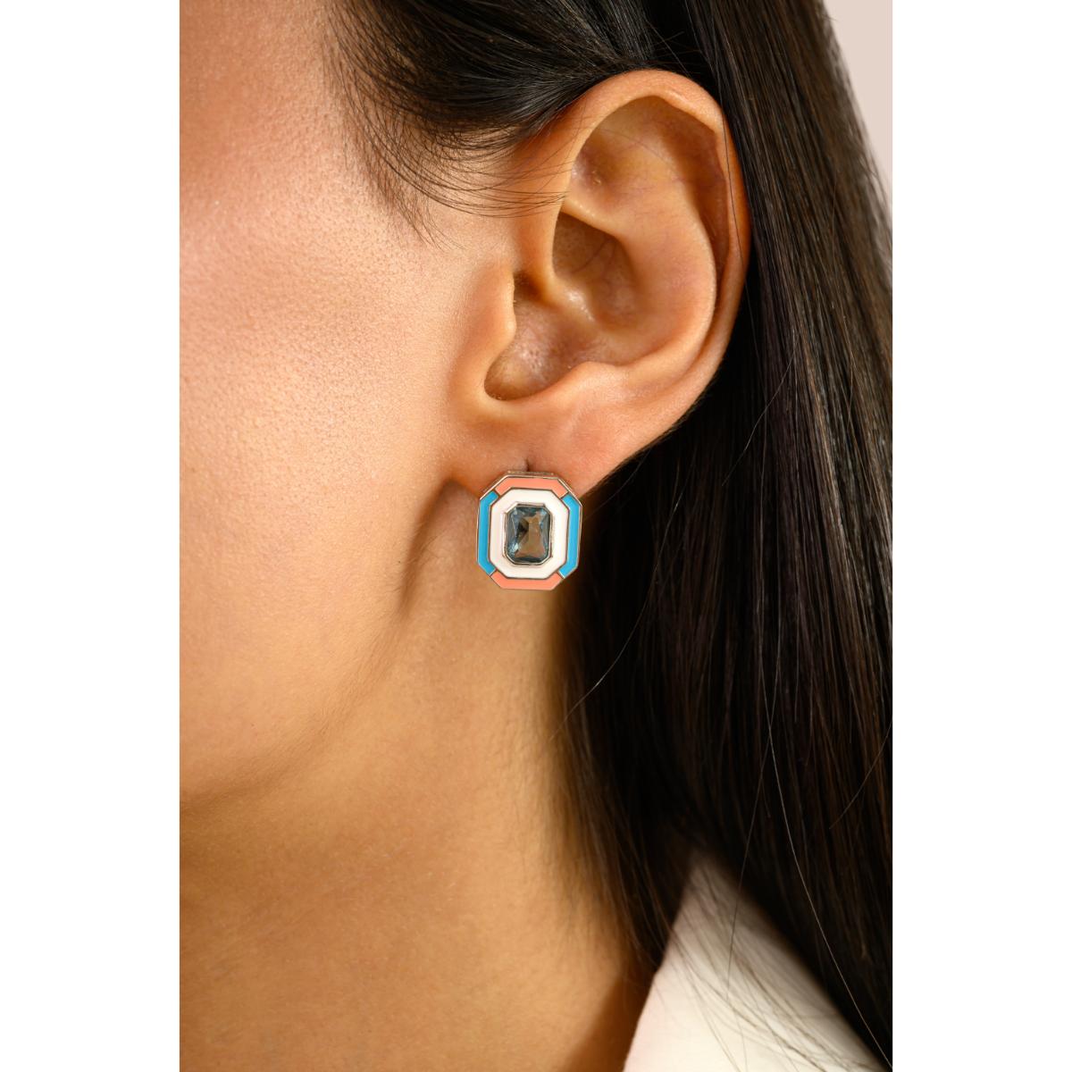 925 Silver Blue CZ Hexagon Multi Color Enamel Stud Earrings