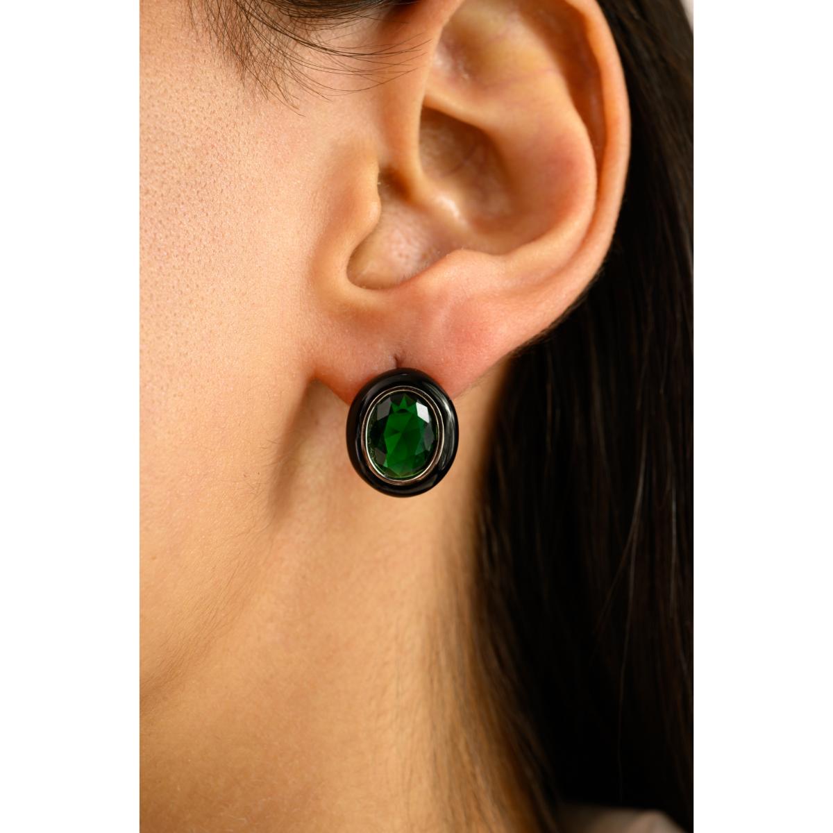 925 Silver Green Emerald CZ Enamel Oval Stud Earrings