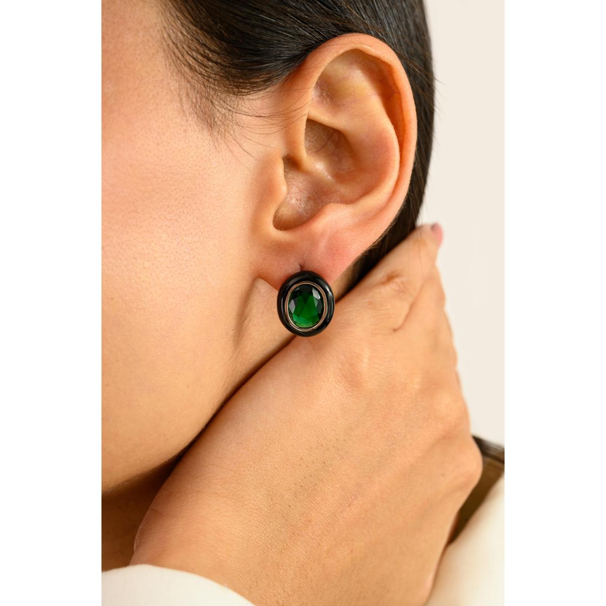 925 Silver Green Emerald CZ Enamel Oval Stud Earrings