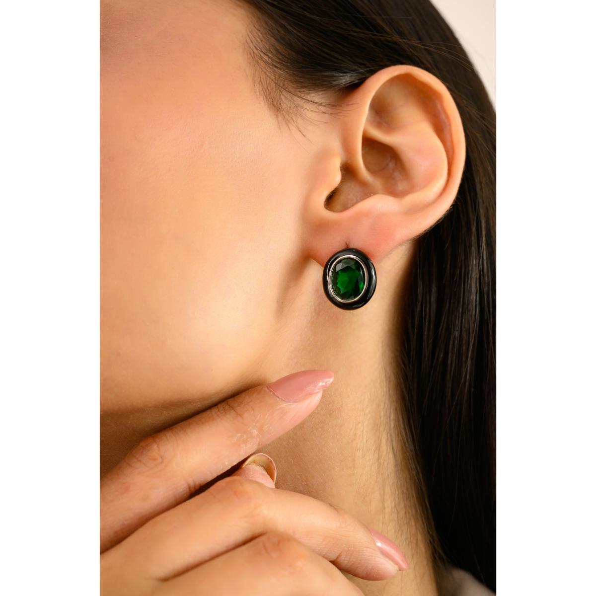 925 Silver Green Emerald CZ Enamel Oval Stud Earrings