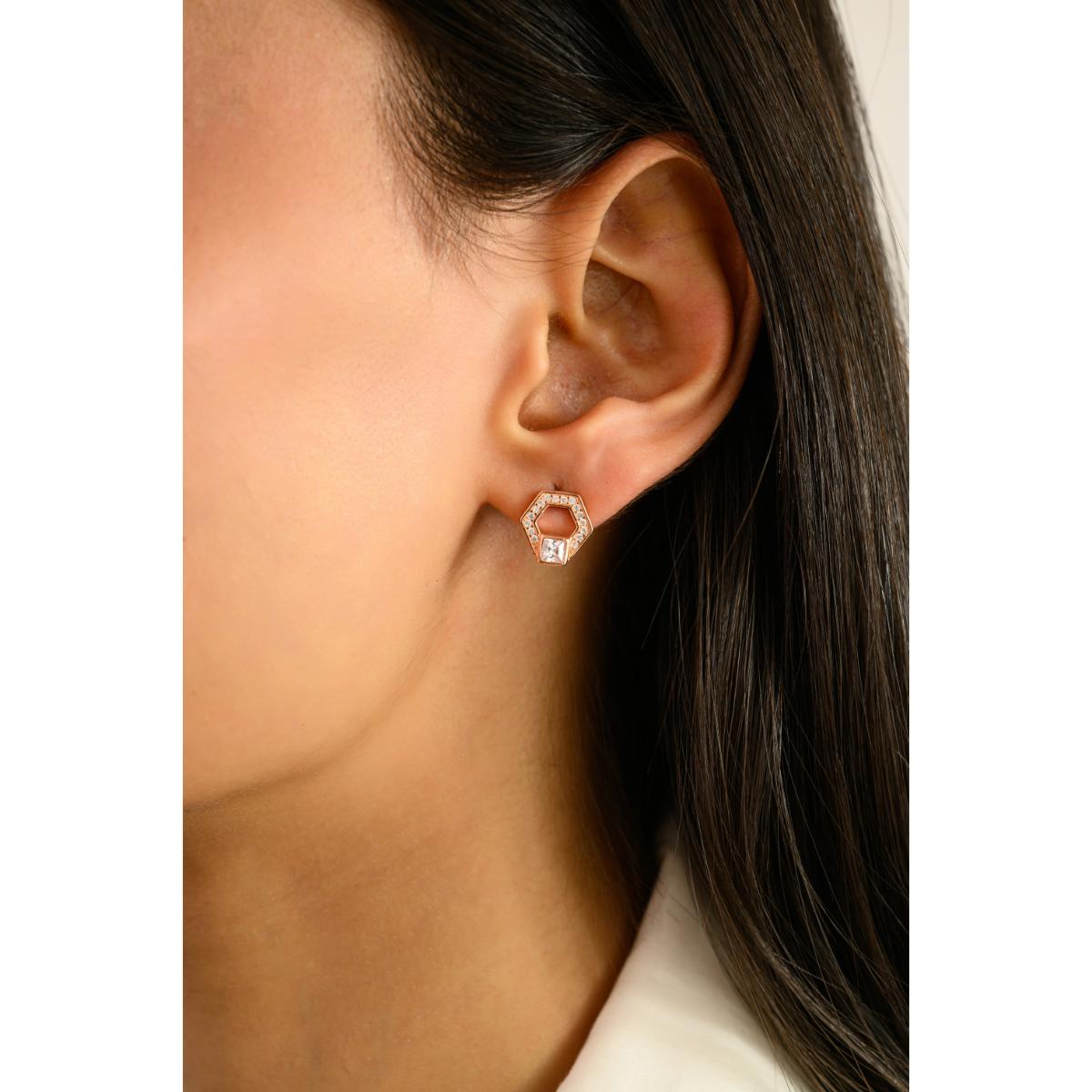 925 Silver White CZ Hexagon Rose Gold Stud Earrings