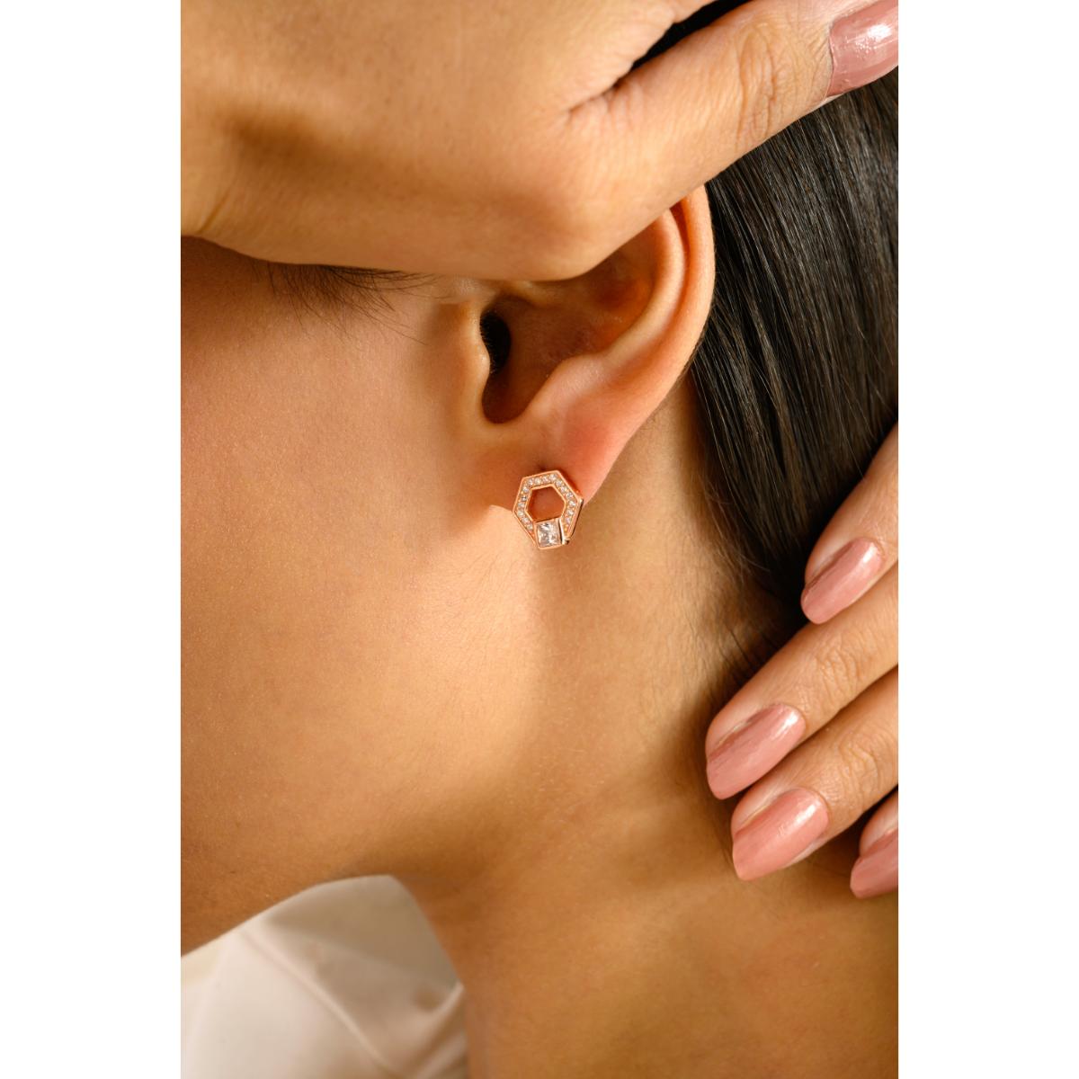 925 Silver White CZ Hexagon Rose Gold Stud Earrings