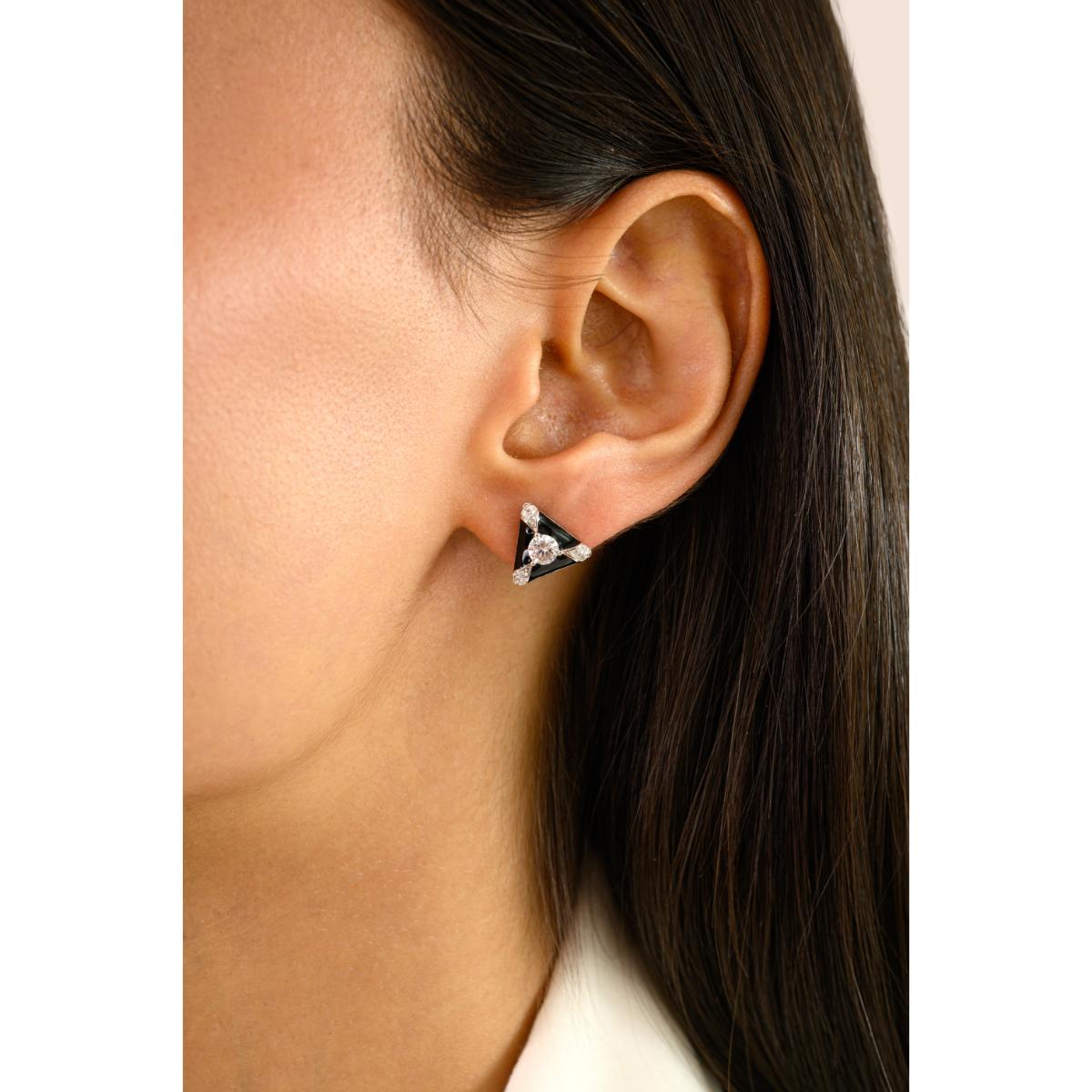 925 Silver White CZ Black Enamel Triangel Stud Earrings