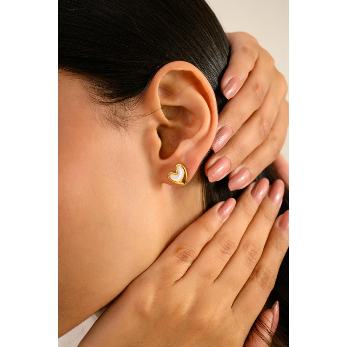 925 Silver Yellow Gold Heart Enamel Stud Earrings