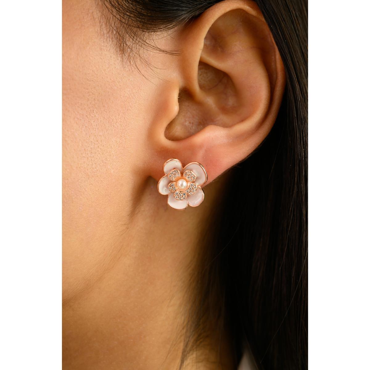 925 Silver Rose Gold White CZ with Pearl Floral Enamel Stud Earrings