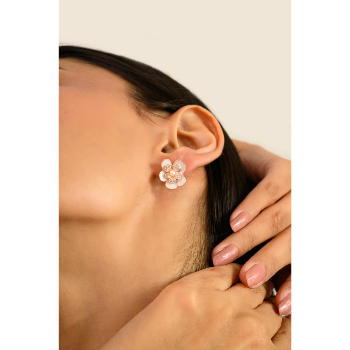 925 Silver Rose Gold White CZ with Pearl Floral Enamel Stud Earrings