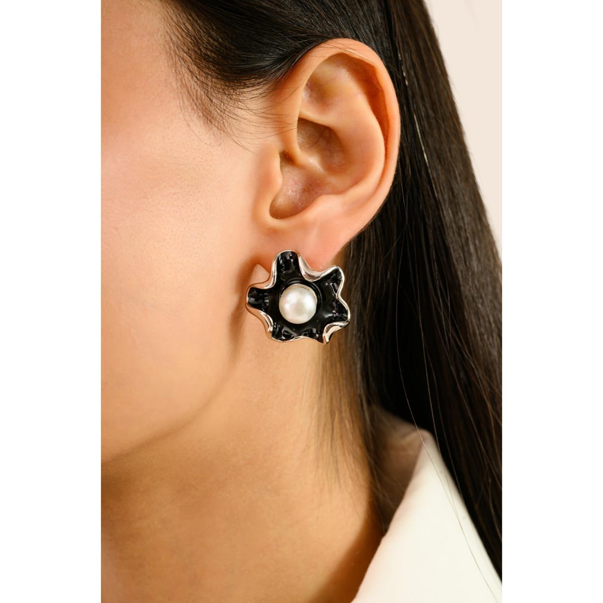 925 Silver Pearl Floral Black Enamel Stud Earrings