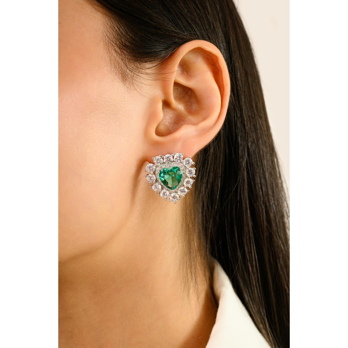 925 Silver White and Green Cubic Zirconia Heart Earrings