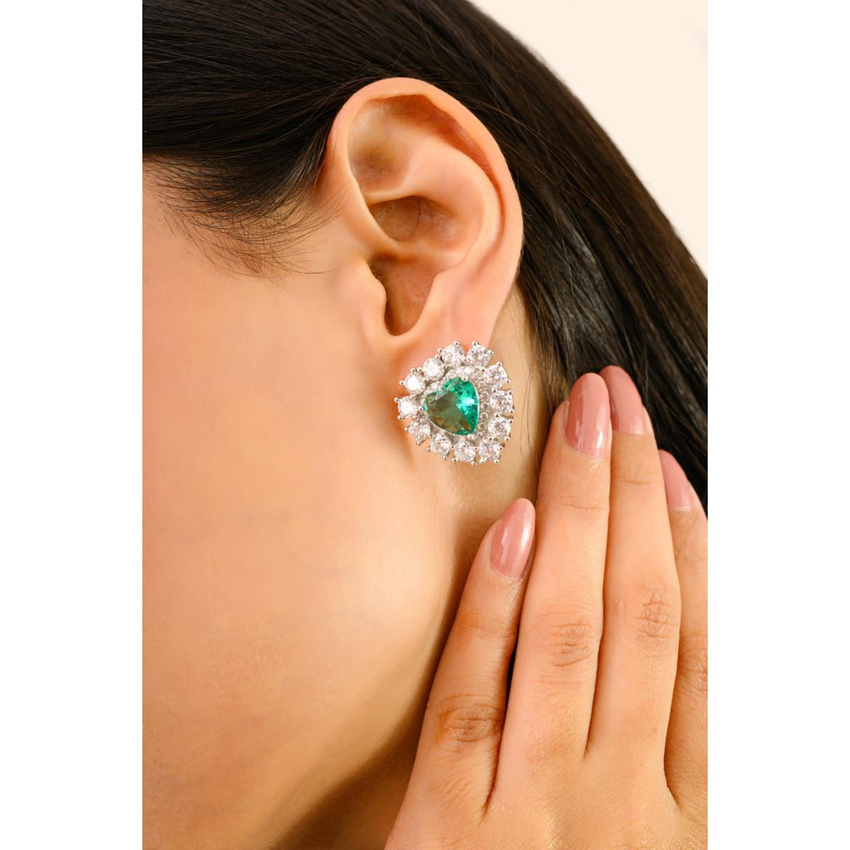 925 Silver White and Green Cubic Zirconia Heart Earrings