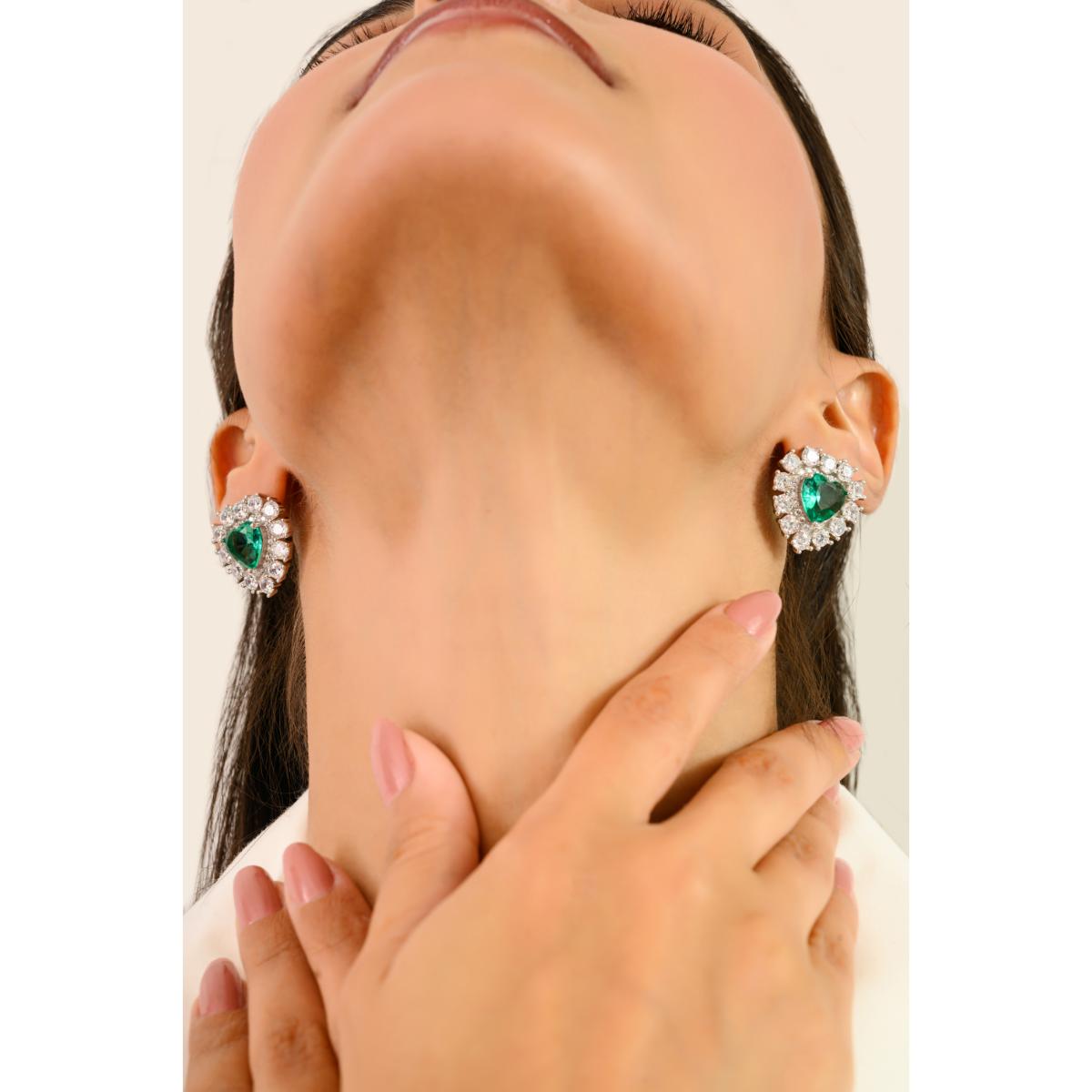 925 Silver White and Green Cubic Zirconia Heart Earrings