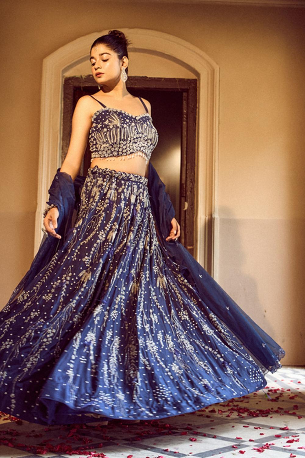 Navy Blue Falling Design Lehenga Set